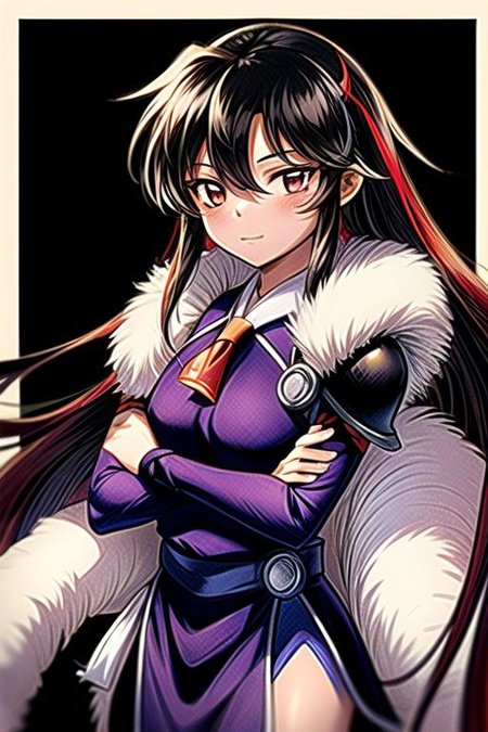 best quality 1girl Setsun4 solo long hair,  (night time) forest background black hair very long hair purple eyes multicolored hair armor, small, (fur trim) (medium body),<lora:EMS-179-EMS:0.800000>,<lora:EMS-293862-EMS:0.800000> bow, hair_bow, hair_tubes, red_bow, brown_hair, long_hair, bangs, ascot, frilled_bow, yellow_ascot, blush, smile, hair_between_eyes, athletic, armor, miko, strengthmda, crossed arms,