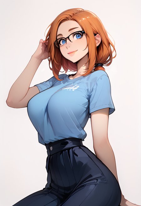 score_9, score_8, score_7, (absurdres), highres, (best quality), (highest quality), extremely detailed
, <lora:princess_xl_v2:0.8>
, <lora:odanon_style_v2:0.6>
, <lora:incase-ilff-v3-4:0.6>
, <lora:g0th1cPXL:0.4> g0thicPXL
, <lora:CitronAnimeTreasure:0.6>
, <lora:Round_Breasts_XL_XV7:0.3>
, <lora:Doujinshi_Booba_PDXL_V3:0.8>
, <lora:sagging-pony-v1.2:0.6>
, Expressiveh, <lora:Expressive_H:1.3>
,  happy, smile, open mouth
, 1girl, (solo)
, pale skin
, low ponytail,  bangs, , medium hair, black-framed eyewear
, looking at viewer, detailed eyes, <lora:EnvyStarlightPrettyEyes01:0.6>, blue eyes, lips, sexy nose, sharp eyebrows, big eyes, wide-eyed, [thin eyebrows], closed mouth
, huge ass , 
 , slim arms, slender arms, wide hips
, arm behind head, arched back,
, (simple background, no background, white background)
, daylight, makeup, black eyeliner, [bright red lipstick]
,sitting
, BREAK
, dutch angle, (upper body)
, orange hair
, BREAK
, black oversizec t-shirt, 
, brunette hight-waist skirt 
, long square face
, oval eyes