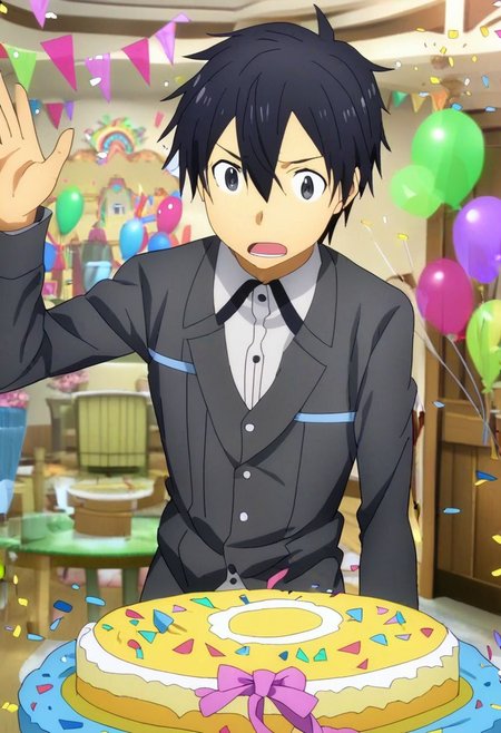 high resolution, professional photography, solo, best quality, 1Boy, Kazuto Kirigaya, Black Hair, Black Eyes, surprise, birthday surprise, funny, birthday cake, birthday party, OverallDetail