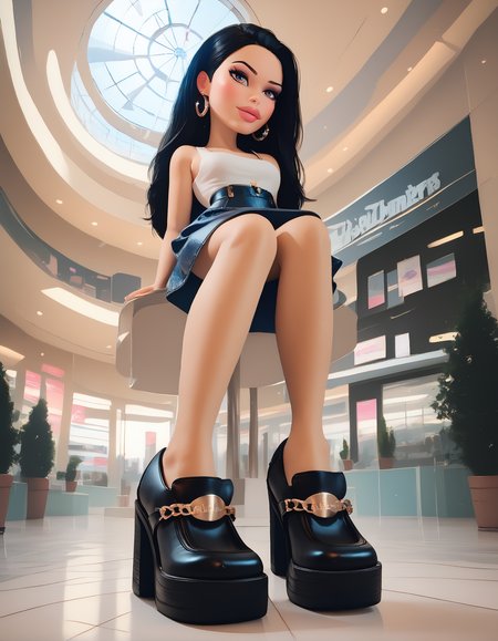 score_9, score_8_up, score_7_up, score_6_up, score_5_up, score_4_up, 
1girl, 
bratzxl,
black hair, long hair,
denim skirt, white tanktop, sitting,
mall, fountain,
(from side:0.8), low angle,
(5kecher5 heels), black footwear,
embedding:zPDXL2 ,
