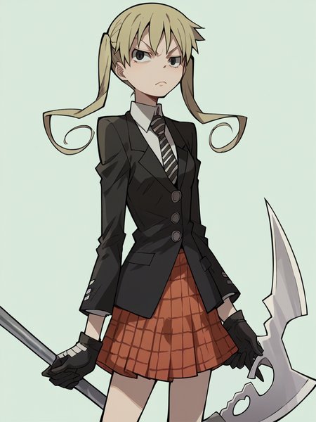 score_9, score_8_up, score_7_up, score_6_up, score_5_up,  <lora:SoulEaterXLP:1> soul eater, 1girl, solo, scythe, skirt, gloves, plaid, twintails, blonde hair, necktie, plaid skirt,