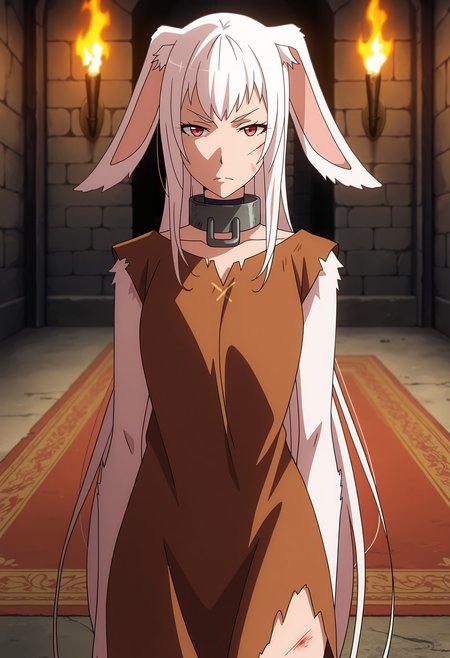 anime screencap, masterpiece, best quality,
<lora:GATE_Tyuule_IlluXL:0.9>,
1girl, solo, serious,
long hair, white hair, red eyes, rabbit ears, ears down, monster girl, white fur, 
metal collar, rug, sleeveless, brown dress, injury, 
standing, looking at viewer, cowboy shot,
indoors, dungeon, torch, fire, blurry background