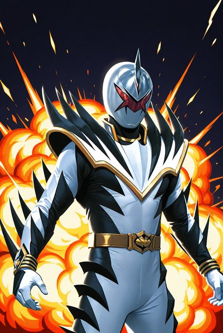 score_9,score_8_up,score_7_up,male focus,ultra-detailed,high resolution,digital painting,8k,1boy,solo,cowboy shot,male focus,detailed face,white bodysuit,helmet,belt,bodysuit,armor,tokusatsu,gloves,mask,super d1n0 white,horns,looking at viewer,explosion,<lora:add-detail-xl:1>,<lora:Dino Ranger White:0.7>,<lora:LYDart StyleIlluLYCO:0.2>,ydart,