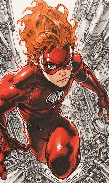 kimjunggistyle, dynamic perspective, detailed ink drawing, solo, blonde hair, 1boy, male focus, mask, bodysuit, traditional media, motion lines, superhero, red bodysuit, domino mask, industrial pipe, orange hair, hatching (texture), masterpiece, best quality, amazing quality
