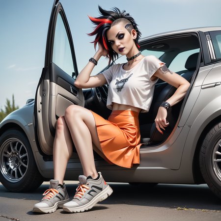 score_9, score_8_up, score_7_up, score_6_up, score_5_up, score_4_up,  slim girl sitting in gray car,  gooc,  sneakers, short orange skirt, red blouse , (dark short punk hairstyle) .
 <lora:GetOutOfCarPony:.7>