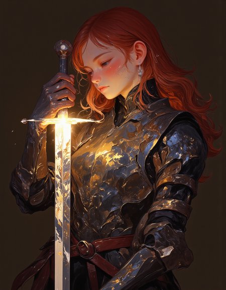 oil painting, ultra high quality, very detailed, a petite teen elf female paladin holding a sword with shimmering glowing glass blade, pointed elf ears, long red hair, wearing 1500s full plate mail armor, holy knight, God glow, by Albert Lynch, Abbott Handerson Thayer, bio ink on the sword blade, close up, dirty used and scratched gear, ArsMJStyle, dnddarkestfantasy, ultra detailed, romantic, Rembrandt lighting, bio ink, brush strokes, DB4RZ style painting  <lora:FLUX-daubrez-DB4RZ-v2:1> <lora:- Flux1 - vanta_black_V2.0:.6> <lora:BioInk2FLUX:.8> <lora:Delicate_Balance:1>