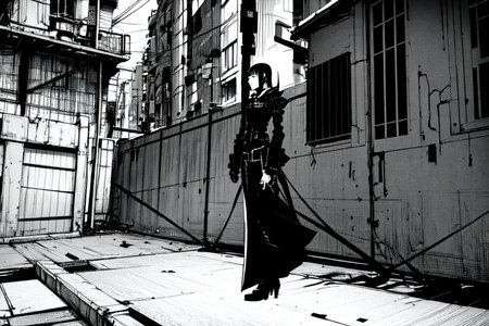 highly insanely detailed, masterpiece, top quality, best quality, highres, 4k, 8k, RAW photo, (very aesthetic, beautiful and aesthetic),  
tsutomu nihei,nihei_tsutomu,blame!,blame gakuen!,abara,TNstyle,sidonia_no_kishi,concrete walls,metal walls,light particles,toha heavy industries,fence,buildings, 
<lora:ABARA:0.7>, 
(1girl:1.3), 
solo focus, 
art nouveau architecture,âââ