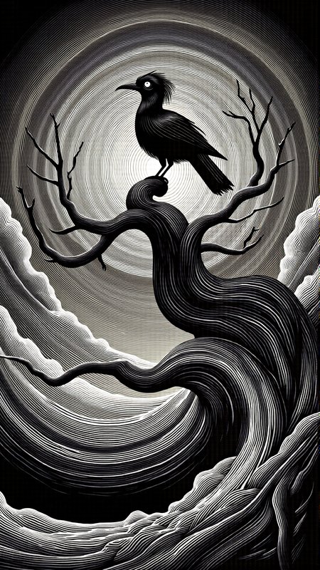 monochrome, lineart, dark, horror, a talking bird from "the golden bird" tale perched on a golden tree<lora:vorticaFlux:1>