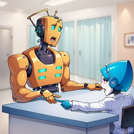 score_8, score_8_up, score_7_up, no humans, robot, humanoid robot, open mouth, hands on table, looking at another, from behind, sitting, chair, pointing, pointing to the side, counter, indoors, hospital, blurry background, photo background, style parody