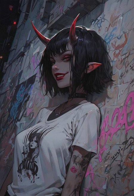score_9, score_8_up, score_7_up, score_6_up, aesthetic ,  punk, demon, horns,  outdoors, alley, night, graffiti, t-shirt,  solo,  dutch angle,  g0thicPXL,  (big lips:0.6), (close up:1.2), portrait, medium breasts, lipstick, smug, grin, skinny