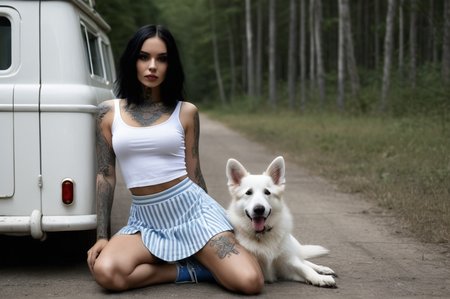 ( Dark Beauty), imagine a world where there is a box, inside that box is a beautiful woman with black hair with white stripes, pasty white face, tattoos, short tank top, mini-skirt, blue shoes, with a white german sheppard, hd, 4K