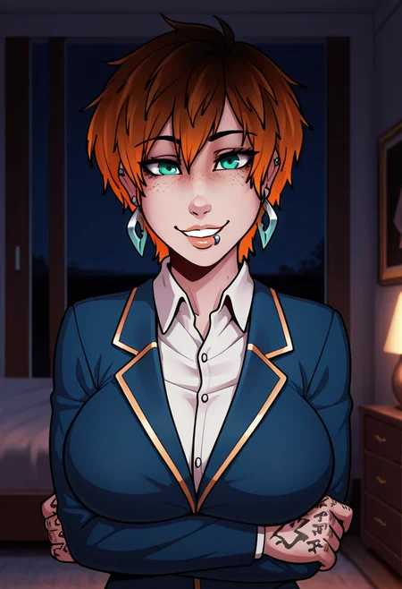masterpiece, best quality, ultra detailed, 1girl, orange hair, short hair, gradient hair, jade eyes, freckles, silver earrings, lips, smile, lip piercing, large breasts, hands tattoo, blue blazer, white collared shirt, gold trimmed blazer, intricate details, upper body, crossed arms, indoors, night, bedroom, <lora:FutaDom_World_Style_IL:1>