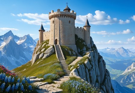a  crusader watchtower on a (tall rock spire),  (13th Century:1.5), a stairway to the watchtower, gate, doorway, very wide shot, far out shot, fantasy, blue sky, alpine meadow flowers, best quality, masterpiece, realistic, photo-realistic, amazing, finely detail, ultra-detailed, highres, extremely detailed, 8k wallpaper
