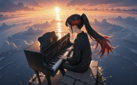 1girl, black jacket, black pants, red eyes red hair, multicolor hair, striped hair, ponytail, wind, very long hair, sitting, playing piano, side view, <lora:Lifeline_Style_V2_Illu_Edition:0.4>, llv2-illu, <lora:standing_on_the_edge:0.4> 5t4nd1ng_0n_3dg3, flowers, glowing clouds, sunlight, godrays, from above, scenary, wide angle, mountains, wide angle, ocean,