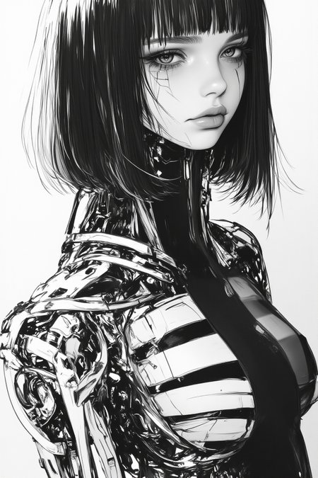negative film style,cyberpunk,white lines,  a black and white drawing of a woman with a robotic arm, set against a white background. Her face is clearly visible, with her eyes looking directly at the viewer.