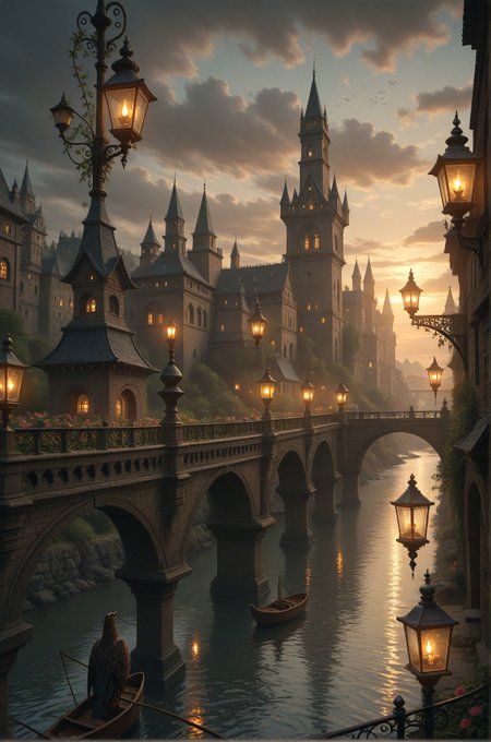 A stunning  a fantasy cityscape at night, featuring a medieval stone bridge over a calm river. The bridge is adorned with warm, golden lanterns, creating a magical atmosphere. In the background, a tall, ornate castle with a pointed tower stands amidst a misty, ethereal landscape. The sky is filled with dark, ominous clouds, adding to the eerie ambiance. The scene is illuminated by the warm glow of the lanterns and the reflection of the castle and the surrounding water. The art style is detailed and realistic, with a focus on the intricate details of the bridge and the castle..    
,photorealistic,masterpiece, best quality, amazing quality, very aesthetic, perfect eyes, 24yo, ( dramatic lighting) ,
,flower, outdoors, sky, cloud, water, no_humans, bird, cloudy_sky, plant, building, scenery, reflection, lantern, city, candle, fantasy, cityscape, multiple_others, architecture, watercraft, vines, bridge, lamppost, river, castle, evening, tower, boat, grey_sky, dusk, arch, reflective_water
