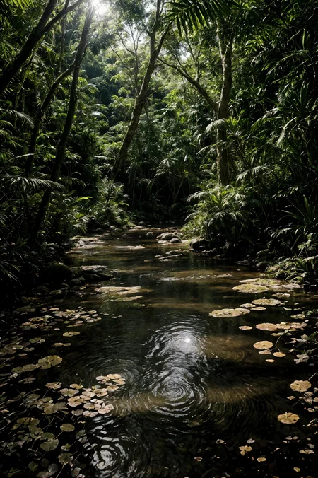 photo , photography, Fujifilm XT3 Viltrox, ((very detailed)), sharp focus,  best quality, (bright sunny sky), beautiful landscape, rainforest, jungle, stream, water ripples reflections, (small river pond), hut, stunning nature environment, high contrast, cinematic (lights), backlight, shadows, (lens flare:0.8), vibrant colors, colorful, Very Gray flowers and leaves, <lora:Detail Tweaker LoRA add_detail:1><lora:depth_of_field_slider_v1:5>  <lora:SDXLrender_v2.0:0.9>