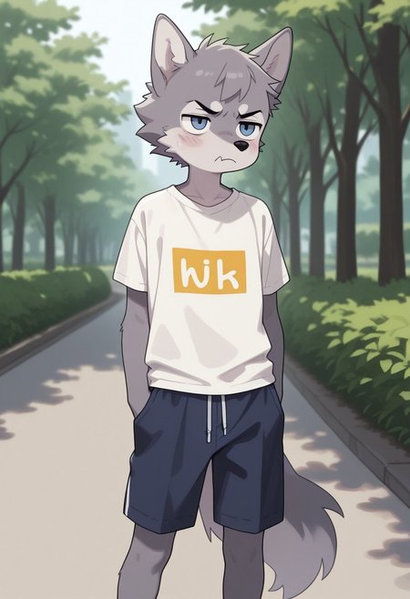 masterpiece,best quality,amazing quality, (male, antro: 1.4), cutesy-co
BREAK 
( , young, slim, twink, ( cute, grumpy, ) :1.1)), (1boy, solo ,(male only) anthro, ) 
BREAK 
(male: wolf, Grey fur )), shorts, shirt
BREAK 
outdoors,