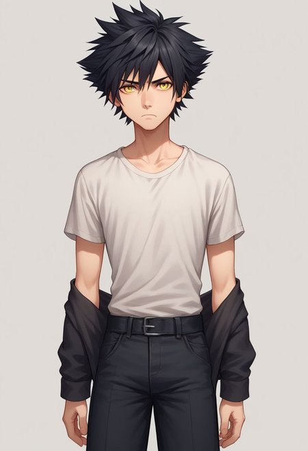 score_9, score_8_up, source_anime, highly detailed, 1boy, solo, male_focus,
vanitas, solo, 1boy, male focus, spiked hair, black hair, yellow eyes, shirt, pants, shoes, bored, frown, upper body,