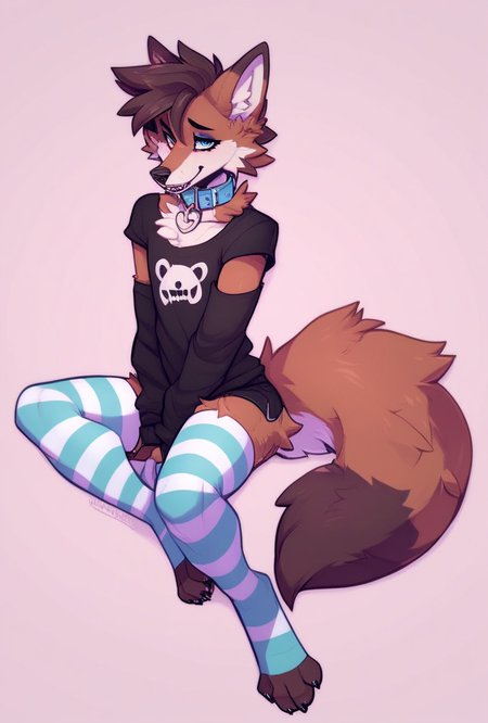 femboy, wolf, striped stockings, collar, full body, zPDXL  <lora:Femboy-000003:1>