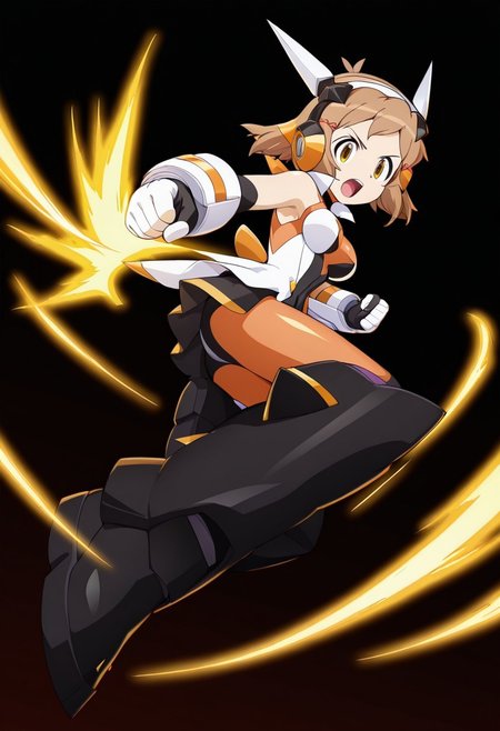 masterpiece, best quality, amazing quality, very aesthetic, absurdres, newest,shiny skin,, anime screenshot,  anime coloring,  <lora:TachibanaHibikiSeason1:1>short hair, 1girl, brown hair, solo, gungnirseason1, hair ornament, bodysuit, headphones, hairclip, headgear boots fighting stance,  looking at viewer,  simple background,  black background,   open mouth,  powering up,  clenched hands, looking at viewer, xdive,