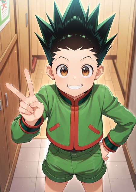 masterpiece, best quality, absurdres, amazing quality, 1boy, solo,  <lora:IlluGon-000010:1> illugon, black hair, green hair, spiked hair, brown eyes, green shorts, green jacket, grin, looking at viewer, v, standing,