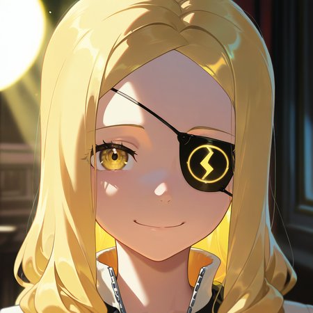 masterpiece, best quality, amazing quality, very aesthetic, absurdres,  newest, volumetric lighting,
souleaterstyle,,Marie,
1girl,solo,long hair,looking at viewer,smile,blonde hair,brown eyes,closed mouth,jacket,yellow eyes,eyepatch,portrait,
,masterpiece, best quality, amazing quality, very aesthetic, absurdres,  newest, volumetric lighting,
, <lora:soul_eater_illustrious:0.8>,