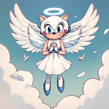 score_9, score_8_up, score_7_up BREAK Angelchu, 1girl, angel hedgehog, light blue eyes, white body, pink heart blush, angel wings, gold angel halo, light blue mary jane shoes, smiling at viewer, heaven background, heaven, full body, floating, flying,