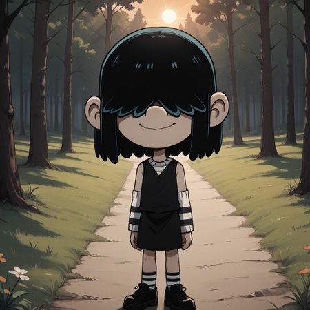 score_9, score_8, BREAK, solo, Lucy_Loud_(The_Loud_House), black hair, goth girl, hair over eyes, pale skin, long striped arm sleeves and stockings, black dress worn over a striped shirt, black shoes, self portrait, smile, looking at viewer, outdoors, sunlight, shadows, evening lighting, natural lighting, forest, trees, grass, orange sky, sunset