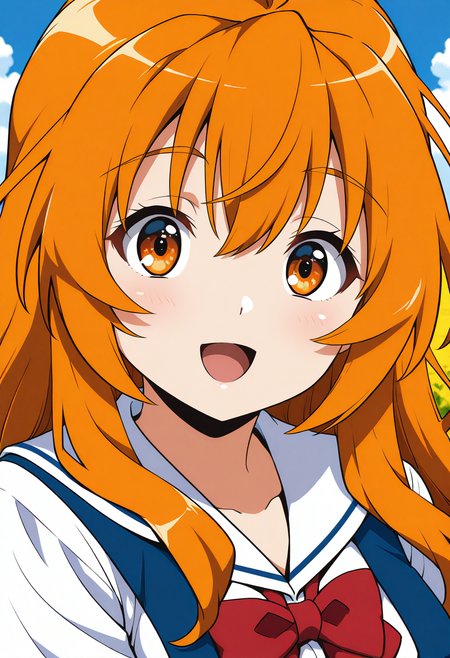 minami_chihiro, orange eyes, orange hair, long hair, school uniform, red bowtie, white shirt, short sleeves, blue skirt, suspender skirt, <lora:minami_chihiro_illustrious_ver1:0.8> 
smile,, masterpiece, best quality, general,, 1girl, solo, (field:1.2), (blue sky:1.2), looking at viewer,, (upper body:1.2), (close-up:1.2), (facing viewer:1.2), (open eyes:1.4), (portrait:1.2)