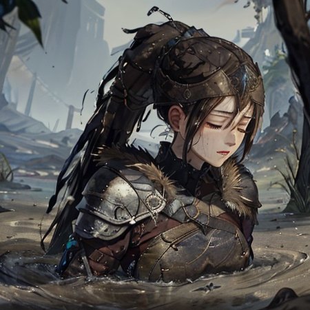 masterpiece, 
1 young adult woman, SenuaHell, solo, closed mouth, open eyes, ponytail, dark skin, armor, long hair, upper body, realistic, dreadlocks, brown hair, shoulder armor, jewelry, pauldrons, black hair, breasts, 
partially submerged into quickand
sharp focus, depth of field, ray tracing, rule of third,