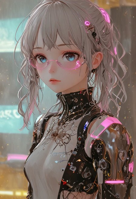 a cyberpunk girl, Wear clear neon glasses, cyberpunk., golden ratio details, 32k uhd, fantasy, cyberpunk, intricate, decadent, highly detailed, digital painting, ever after high, octane render, artstation, concept art, smooth, sharp focus, illustration, art by artgerm, loish, wlop. (heartwarming, uplifting, charming), (UHD, masterpiece, detailed eyes, detailed face, highest quality), (light leaks, subsurface scattering, rim light, beautiful lighting and shading, deep background, vibrant complementary colors, sharp focus),kaori, 1girl