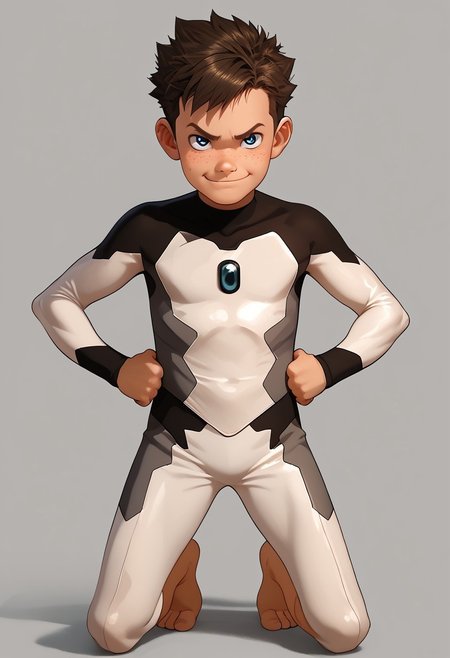 score_9, score_8_up, score_7_up,1boy, solo, cute boy, Koji, Blue Eyes, Brown Hair, Freckles, Bodysuit, Barefoot, hands on hips, smug smile, PONYXL_AlexRoss_ComicArt_ownwaifu