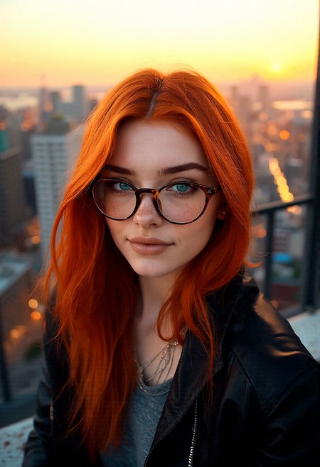 A beautiful 18-year-old woman with ginger hair, striking aqua eyes, soft freckles, bold eyebrows, and glasses for a nerdy appearance. She is in a modern, stylish outfit, and is captured in an upper body camera shot, striking a random pose as she looks towards the viewer.

A high-rise rooftop overlooking a city skyline during sunset, with warm golden hues, a slight breeze moving the hair, and the distant glow of city lights starting to come alive.

