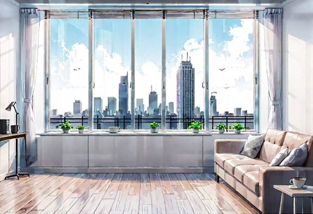 ((((front view)))), Shallow scene, ((animation style)), (((City high-rise building scenery))), ((((City scenery outside the window)))), (Facing the window), (open window), modern-style interior, Wooden floor, with white walls, (large windows), a living room, sofa and coffee table by the window sill, (The sofa is placed horizontally with its back against the window sill), noon, clear sky, low saturation
