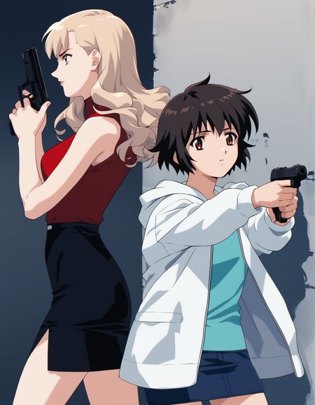 score_9, score_8_up, score_7_up, score_6_up, score_5_up, score_4_up
<lora:noir-2x-ponyxl-000016:0.5>
2girls, holding gun, handgun, aiming, looking to the side, from side, wall
BREAK
nwrmir, blonde hair, sleeveless turtleneck, red shirt, pencil skirt,
BREAK
yuumura kirika, camisole, blue shirt, hoodie, white hoodie, pencil skirt, microskirt
