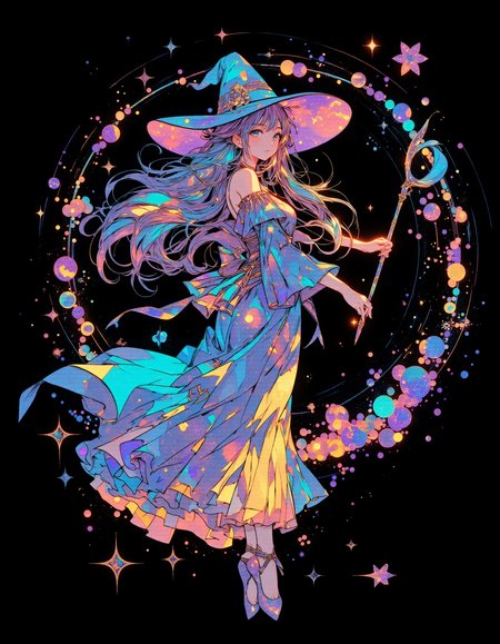 lyh_niji,  vibrant reflective holographic drawing in the style of ckhg, Alphonse Mucha Style, Art Nouveau Poster art  of   a witch wear witch's hat holds a magic wand and walks on tiptoe like a rhythmic gymnast
delicate features
cracked light , smokey haze in floating
Illustrations with clear lines in a well-designed posters design, black background
<lora:ck-holographic-glitter-000015:0.5><lora:Alphonse Mucha Style:0.6>