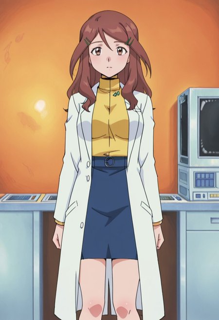 score_9, score_8_up, score_7_up source_anime, anime_coloring, anime_sceencap, highres, rating_safe,
PKMNAnnieProctor, 1girl, hairclip, hair ornament, brown hair, , long hair, brown eyes, labcoat, long sleeves, pencil skirt, turtleneck, blue skirt, yellow shirt,