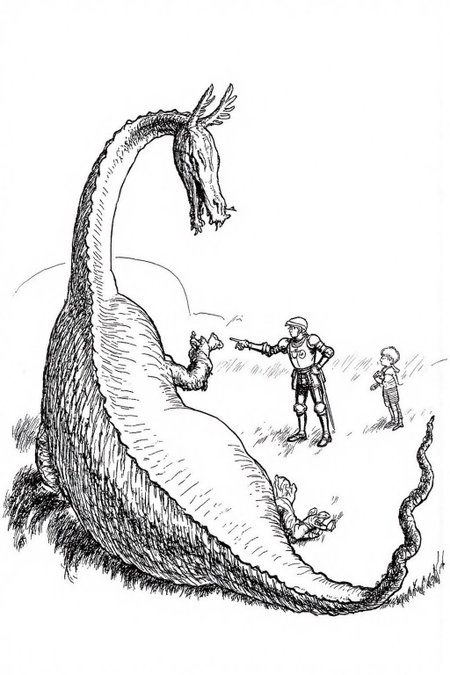ehshep1 sketch. 
A dragon, a knight, and a young boy. On the left of the image is a large dragon lying on the ground, its body curving dramatically from the left to the right side of the image. In the center is a knight pointing at the body of the dragon. On the right is a boy looking at the knight.  <lora:ehshep2_cap_d6a3e12:1.0><lora:825901977713055097:0>