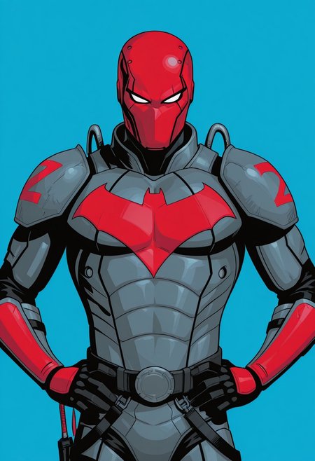 Blue background, simple background, solid color background, 2d, 1male, solo, DC Comics, RedHood_TFZ, toned male, helmet, red helmet, white eyes, no pupils, armored bodysuit, armor, bat symbol, insignia, straps, red trim, Upper body, front view, hands on hips, looking at viewer,