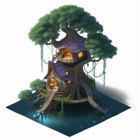 (((masterpiece))),(((best quality))),((ultra-detailed)),solo,isometric,
WAM_bd,solo,
An elf treehouse by the Starlight Lake, with a large moonwell in the center, surrounded by glowing flowers and vines, and the treehouse shimmering with starlight,,
(white background, simple background:1.5),fantasy art,
 <lora:WAMå»ºç­æ¨¡å:0.8>