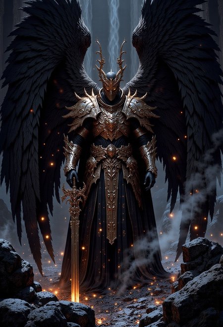 A dark fantasy digital artwork depicting an imposing armored angel warrior rendered in 3D. The angel warrior figure stands in a centered position within the frame, viewed from a low angle perspective, wearing ornate plate armor adorned with intricate engravings. Massive black feathered wings spread outward from the figure's back, while the warrior wields an oversized ornamental sword. The scene features dramatic backlighting creating a silhouette effect, with swirling fog and debris particles surrounding the armored figure. The color palette consists of desaturated tones, dominated by blacks and grays, with subtle orange-red embers glowing among the rocky ground beneath the warrior's feet. Low-angle 3D digital art with dramatic backlighting and atmospheric effects against a dark background.