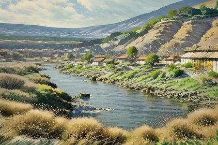Beautiful village, down hill view, river to the bay, small boats, houses with orange roof, blue and orange sky