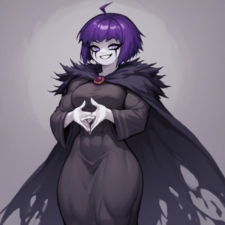 (masterpiece, score_9, score_8_up, score_8:1.3), eve_the_sorceress, solo, purple hair, 1girl, short hair, colored skin, purple eyes, ahoge, bangs, (long dress:1.1), long sleeves, wide sleeves, (white face:1.3), white hands, smile, cape, thick thighs, (fur trim around shoulders:0.2), medium breasts, makeup, (muscular female:0.2), (shortstack:0.5), (dark skin:0.5),
