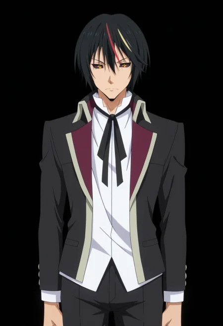 masterpiece, best quality, anime screencap, official style, anime coloring, cowboy shot, 1boy, solo, male focus, <lora:diablo_tensura_ilxl:1>, diablo_tensura, black hair, yellow eyes, multicolored hair, streaked hair, red hair, hair between eyes, colored sclera, black sclera, black jacket, black ribbon, white shirt, black pants,