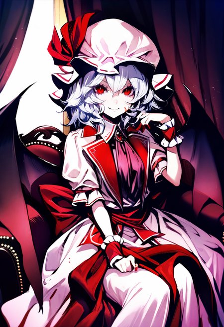 masterpiece, best quality, <lora:banpaiakiraXL_ANI31_lokr_V3236:0.95>  1girl, solo, remilia scarlet, hat, wings, red eyes, bat wings, sitting, short hair, wrist cuffs, dress, curtains, ascot, blood, brooch, ribbon, white hair, jewelry, bow, hat ribbon, looking at viewer, smile, mob cap, chair