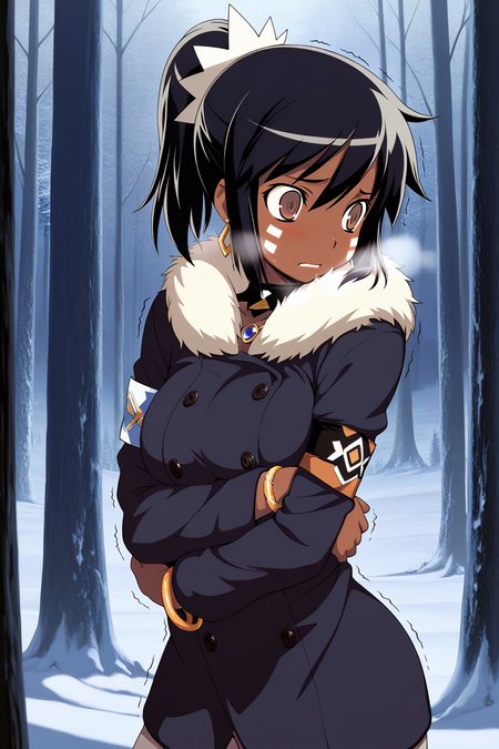 masterpiece, best quality, amazing quality, absurdres, solo, etrianshilleka, shivering, trembling, self hug, shivering, freezing, cold, worried, open eyes, brown eyes, white facial marks, dark skin, black hair, ponytail, fur coat, bracelets, armband, outdoors, forest, snowstorm, snow
