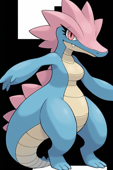 Score_9, Score_8_up, score_7_up, score_6_up, rating_safe solo, type: water, type: fairy, egg group: no eggs discovered, it is legendary pokemon that is a pink crocodile with humanoid traits, it has the outline of breasts, it has long eyelashes, it has a seductive look on it's face, it is intimidating and tall, it stands on its hind legs<lora:EMS-300164-EMS:0.800000>