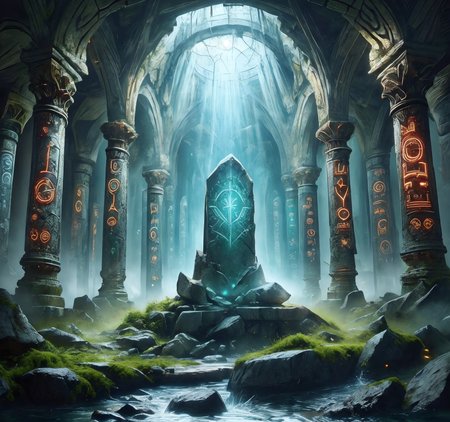RAW photo, (masterpiece:1.3), subsurface scattering, heavy shadow, (high quality:1.4), (intricate, high detail:1.2), professional photography, HDR, High Dynamic Range, realistic, ultra realistic, photorealistic, high resolution, film photography, ambient lighting, atmospheric effects, <lora:detail_slider_v4:2>, OverallDetail,  <lora:Magical_Place:1>, fantasy, mapla, planted sword, night, ruins, standing stone, magic runes