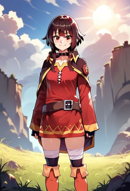 score_9, score_8_up, score_7_up, solo, dramatic lighting,  detailed, high resolution, fantasy, adventure, grass, sun, blue sky, clouds, , smile, master piece, standing,
1 girl, cute face, Megumin